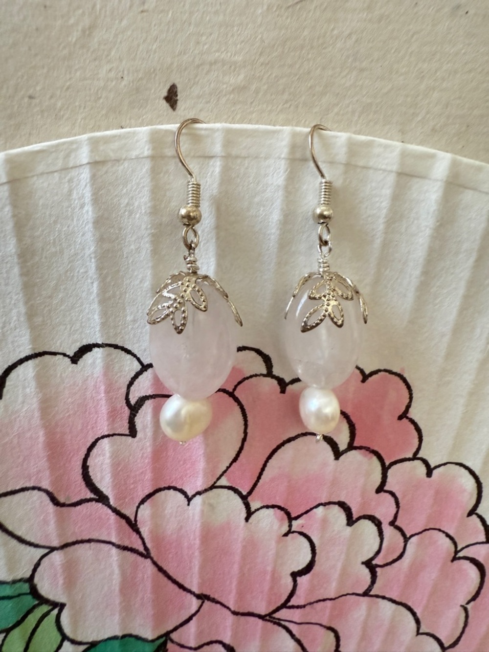 Handmade Rose Quartz and Pearl Drop Earrings - Pink and Silver